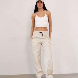 Praşut Kumaş Paça Cepli Baggy Eşofman - Bej