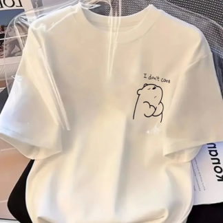 Baskılı Oversize Bisiklet Yaka T-shirt - Beyaz