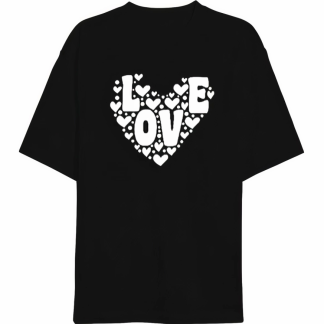 Sevgililer Günü İçin Özel Tasarım Love Kalp Baskılı T-shirt - Siyah
