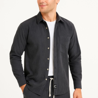 Erkek Kadife Oversize Takım – Gömlek Ve Pantolon İkili Set Füme Corduroy Şıklığı, Rahat Ve Zarif Duruş Yumuşak Dokulu Kadife Kumaş, Düğmeli Gömlek Üst Ve Lastikli Pantolon Alt Parça Ile Gün Boyu Konfor- Füme