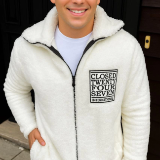 Erkek Polar Fermuarlı Sweatshirt – Kapüşonsuz, Cepli, Yumuşak Dokulu, Oversize Rahat Kalıp, Kışlık Sıcak Tutan Fermuarlı Üst - Beyaz