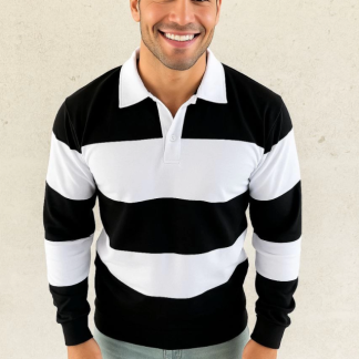 Erkek Polo Yaka Uzun Kollu Çizgili Sweatshirt Trend Rugby Stil - Siyah