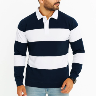 Erkek Polo Yaka Uzun Kollu Çizgili Sweatshirt Trend Rugby Stil - Lacivert