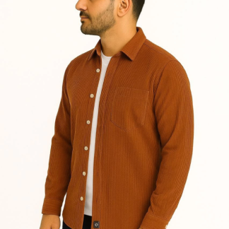 Erkek Fitilli Kadife Cepli Gömlek Oversize Rahat Kalıp - Kahverengi