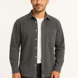 Erkek Fitilli Kadife Cepli Gömlek Oversize Rahat Kalıp - Füme