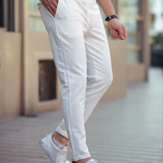 Erkek Diagonel Mikro Dokulu Cepli Beli Lastilki Pantolon - Beyaz