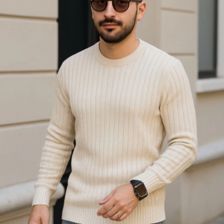 Erkek Bisiklet Yuvarlak Yaka Triko Kazak Pamuklu Kalın Fitilli Dokuma, Regular Fit Uzun Kollu Kışlık Model - Bej