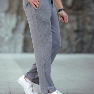 Erkek Paça Yırtmaçlı Burgu Selanik Dokulu Jogger Buggy Pantalon Rahat Kalıp - Gri