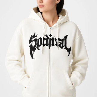 Oversize Kapüşonlu Sweatshirt Hoodie 3 İplik Şardonlu Pamuklu Kumaş, Önü Baskılı, Fermuarlı Rahat Kalıp, Kışlık Ve Sokak Stili Sweat - Beyaz