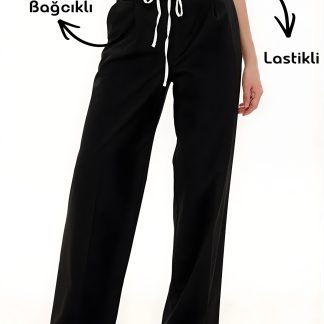 LA PANTE Kadın Pantolon Beli Lastikli Bağcıklı Yancepli Geniş Paça Siyah Pantolon Kadın Kemer Garnili Şık - Fiyatı, Yorumları