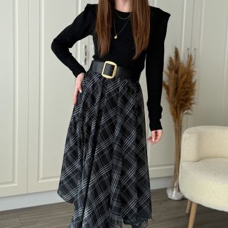 Dilay Gökoğlu Butik Ekose Asimetrik Şifon Zarif Midi Siyah Etek - Fiyatı, Yorumları