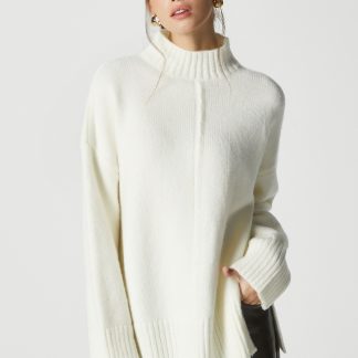 Ritnice Kadın Wonder Yumuşacık Dik Yaka Ekru Yırtmaçlı Oversize Triko Kazak - Fiyatı, Yorumları