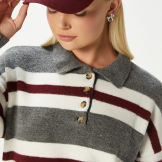 Ritnice Kadın Otto Yumuşak Dokulu Polo Yaka Antrasit Bordo Çizgili Kazak - Fiyatı, Yorumları