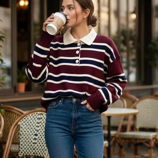 İmajButik Bordo Polo Yaka Çizgili Triko Kazak - Fiyatı, Yorumları