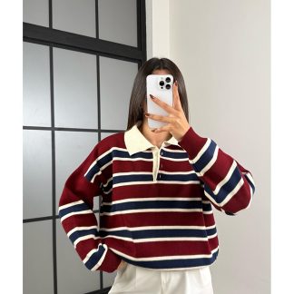 modayaselam Çizgili Gömlek Yaka Triko Kazak - Fiyatı, Yorumları