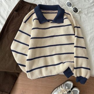 Dier Moda Ekru Lacivert Selanik Örgü Polo Yaka Oversize Triko Kazak, Kadın Kazak - Fiyatı, Yorumları