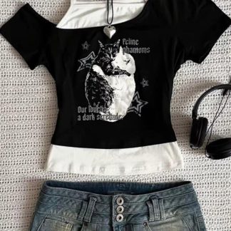 Köstebek Siyah Balance Cat Our Love Is Ek Askılı Kısa Kollu Gotik Y2K Full Body Crop