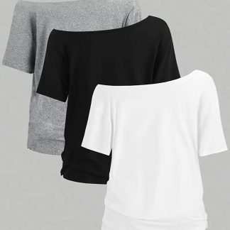 Machetta Kadın Düşük Omuz Kayık Yaka 3'lü T-shirt Set