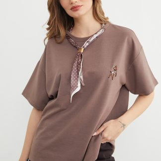 Fullamoda Fular Detaylı Bisiklet Yaka Nakışlı Oversize Tişört