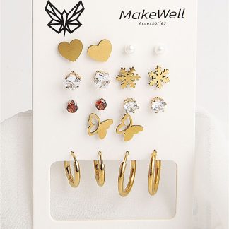 MakeWell Çelik Küpe Renk Atmaz Kararmaz Kalpli Kelebekli Kar Taneli Küpe Çelik Set Küpe Zirkon Taşlı