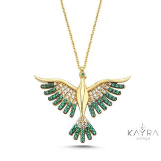Kayra Mücevher Yeşil Taşlı Anka Kuşu Altın Kaplama Kolye Gm89