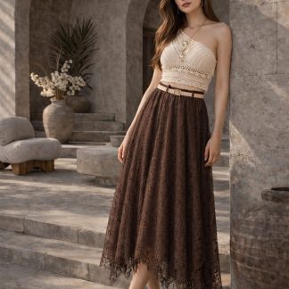 CEEMODA flok baskılı etek ucu asimetrik kesim beli lastikli kemer detaylı tül etek - Fiyatı, Yorumları