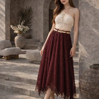 CEEMODA flok baskılı etek ucu asimetrik kesim beli lastikli kemer detaylı tül etek - Fiyatı, Yorumları