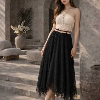 CEEMODA flok baskılı etek ucu asimetrik kesim beli lastikli kemer detaylı tül etek - Fiyatı, Yorumları